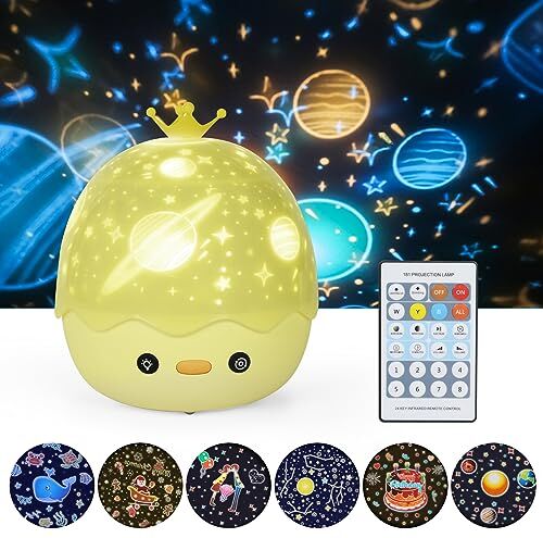 URAQT Luce Notturna Proiettore, Luci Notte per Bambini, 360°Rotazione Musicale Lampada Proiettore Stelle con lo Schermo a Led e Telecomando, Anatra Gialla Luce Notturna per Neonati/Bambini