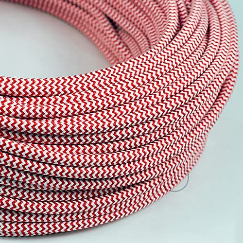 AMARCORDS Cavo elettrico tessile colore BIANCO-ROSSO ZIG-ZAG, tondo, seta, 3 metri, a 2 conduttori 2x0,75 Filo rivestito in tessuto colorato vintage per lampade applique e abat jour.