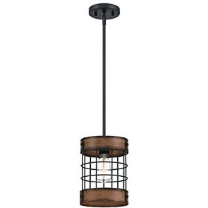 Westinghouse Lighting – Lampada a sospensione da interno a una luce in stile vintage Langston, finitura nera opaca con accenti in legno rustico, paralume a gabbia Westinghouse Lighting – Lampada a sospensione da interno a una luce in stile vintage Langston, finitura nera opaca con accenti in legno rustico, paralume a gabbia