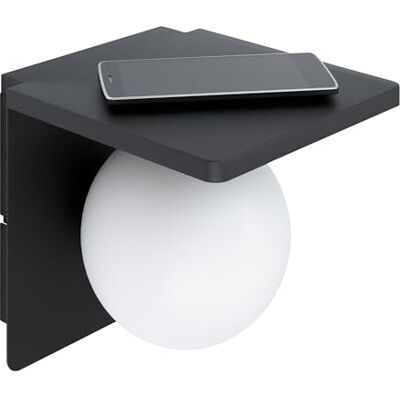 Eglo Lampada da parete Ciglie, lampada da parete a 1 fiamma, materiale: pressofusione in alluminio, colore: nero, vetro: opalino opaco bianco, con caricatore QI (ricarica wireless), attacco: E14 Eglo Lampada da parete Ciglie, lampada da parete a 1 fiamma, materiale: pressofusione in alluminio, colore: nero, vetro: opalino opaco bianco, con caricatore QI (ricarica wireless), attacco: E14