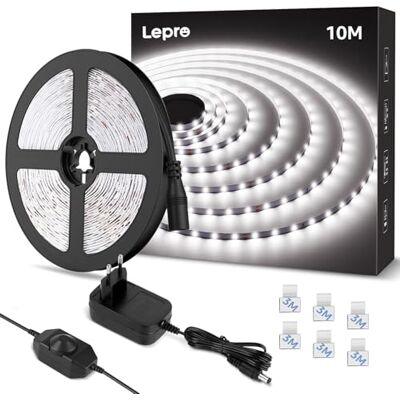 Lepro Striscia LED 10M Bianco Freddo 6000K Dimmerabile, 24V 1800 Lumen 420 LED SMD2835 Nastri LED per Decorazioni Interne/Feste/Natale, Strisce LED Kit Completo con Alimentatore e Interruttore Dimmer Lepro Striscia LED 10M Bianco Freddo 6000K Dimmerabile, 24V 1800 Lumen 420 LED SMD2835 Nastri LED per Decorazioni Interne/Feste/Natale, Strisce LED Kit Completo con Alimentatore e Interruttore Dimmer