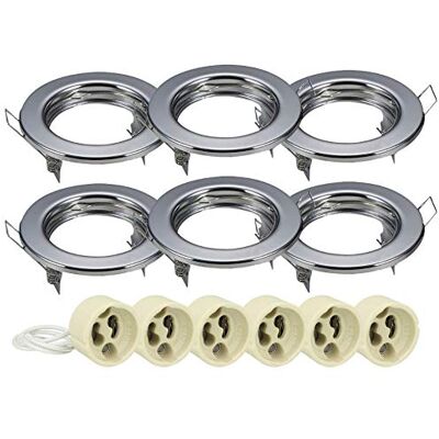 LEDLUX 6 Pezzi Porta Faretto Led Da Incasso, Rotondo Fisso Con Molla, Foro 60mm, 6 Portalampade GU10 Inclusi (Cromato) LEDLUX 6 Pezzi Porta Faretto Led Da Incasso, Rotondo Fisso Con Molla, Foro 60mm, 6 Portalampade GU10 Inclusi (Cromato)