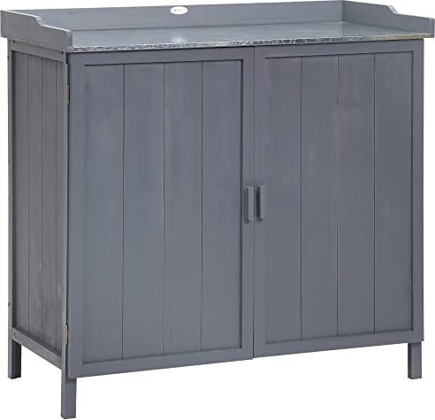 Outsunny Armadietto da Esterno in Legno di Abete con Piano da Lavoro in Metallo Zincato e 2 Ripiani Porta Attrezzi, 98x48x95.5 cm, Grigio