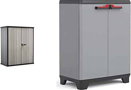 Keter High Store Plus Box Porta Attrezzi, da Esterno, Grigio, 140 W x 73.6 D x 170.4 H cm & Armadio In Plastica Stilo Basso Con Ripiani Regolabili, Nero Grigio, ‎26.77 x 15.35 x 35.43cm