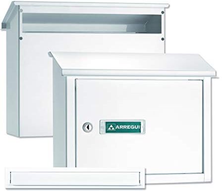 Arregui V4081 Pack Maxi copri fessura + cassetta postale in acciaio per porte o cancelli esterni, cassetta postale da esterno, cassetta postale 32,5x3 cm, taglia M (DIN A4 e rivista), bianco