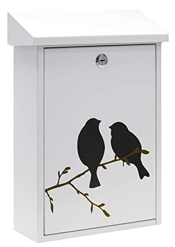 Arregui Premium E5601-BIR Cassetta Postale Individuale in Acciaio con Serigrafia Decorativa "Birds", Dimensione M (DIN A4 e Riviste), Bianco
