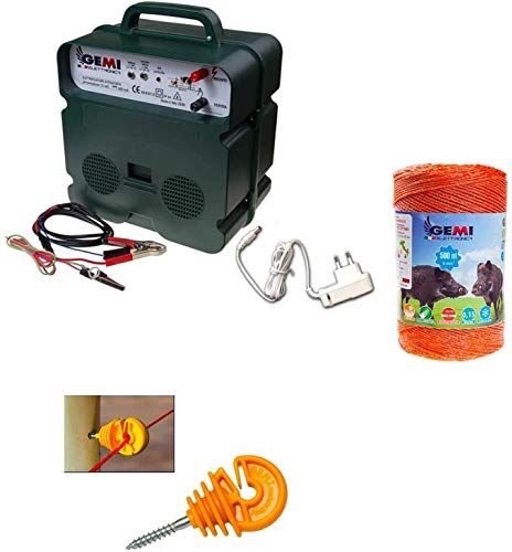 Gemi Elettronica Recinto Elettrico Kit con 1 Elettrificatore a Doppia Alimentazione 12V / 220V + 1 Filo 500 MT 6 Mm² + 100 Pezzi isolatori per paletti in Legno Recinzione Elettrica per Cavalli Mucche cinghiali