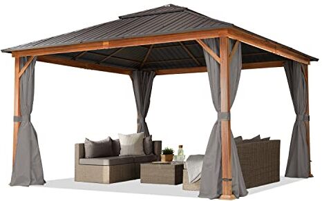 TOOLPORT Gazebo da giardino 4x4 m look legno, tetto Hardtop in acciaio, 4 teli laterali color grigio