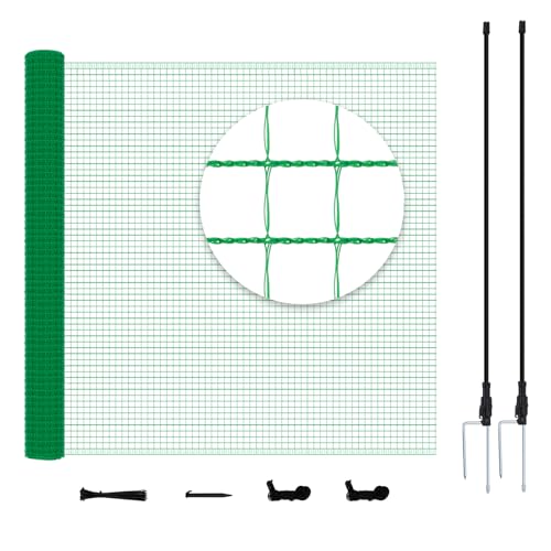 WOLTU Rete per pollame,Rete Verde per Recinzione con Pali 25x1,2 m, Recinzione da Giardino a Maglia con Picchetti, Funi e Fascette, per Frutteti, Fattorie, Animali, Orti, in PE 53g/m²