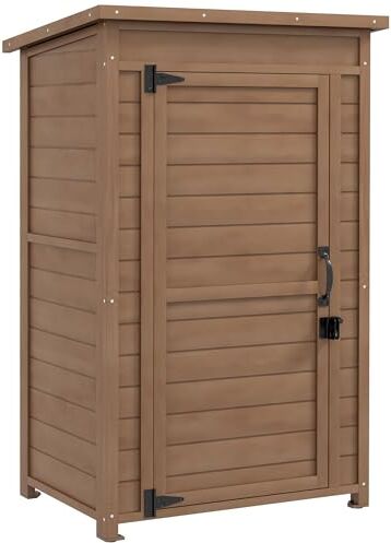 Outsunny Armadio da Esterno con Ripiano Regolabile e Tetto Inclinato, Armadio da Giardino in Legno con Catenaccio, 75x56x117cm, Marrone