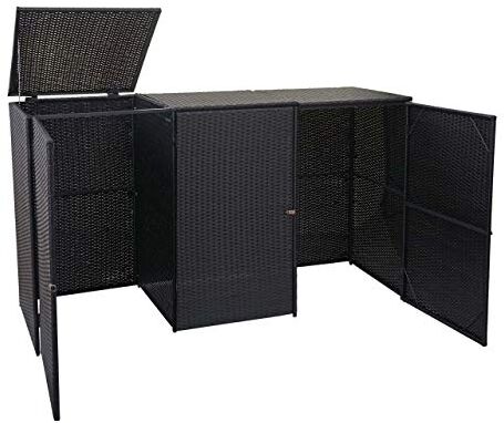 Mendler 3X copribidoni Box Spazzatura rifiuti HWC-E25 66x195x110cm Acciaio polyrattan Nero