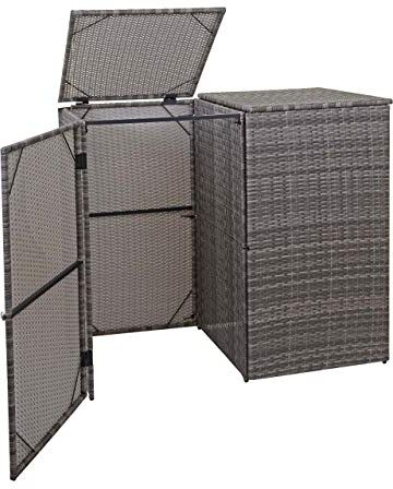 Mendler 2X copribidoni Box Spazzatura rifiuti HWC-E25 66x130x110cm Acciaio polyrattan Grigio