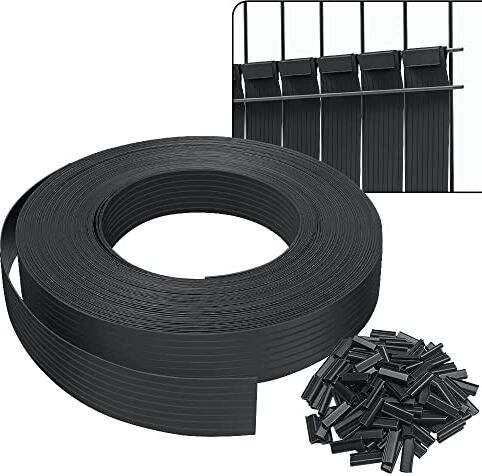 VOUNOT Strisce di Protezione in PVC per Recinzioni da Giardino e Recinzioni a Doppia Asta 75m x 4.7cm, Strisce Frangivista in PVC con 150 Clip di Fissaggio, Nero