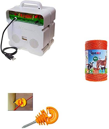 Gemi Elettronica Recinto Elettrico Kt con 1 x Elettrificatore 220V + 1 x Filo 500 MT 4 Mm² + 100 Pezzi isolatori per paletti in Legno Recinzione Elettrica per Animali Cavalli Mucche maiali Galline Volpi