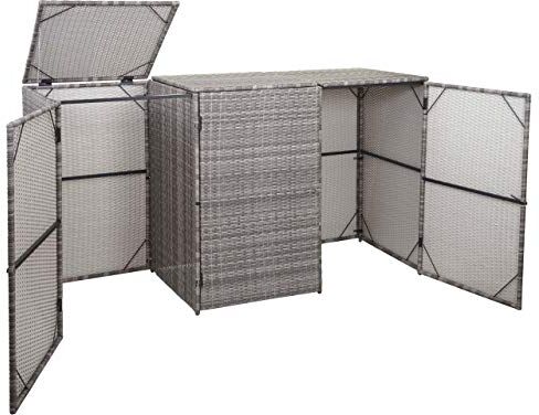 Mendler 3X copribidoni Box Spazzatura rifiuti HWC-E25 66x195x110cm Acciaio polyrattan Grigio