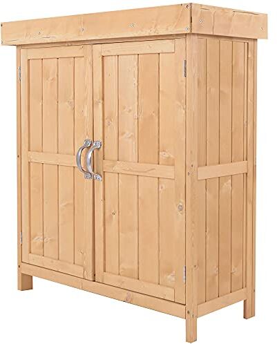 Outsunny Casetta in Legno da Giardino con 2 Ante, Armadio da Esterno Porta Attrezzi da Giardino con Tetto Apribile, 74×43×88cm