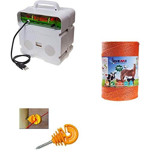 Gemi Elettronica Recinto Elettrico Kit Completo con 1 x Elettrificatore 220V + 1 x Filo 1000 MT 4 Mm² + 200 Pezzi isolatori per paletti in Legno Recinzione Elettrica per Animali Cavalli Mucche maiali Galline Volpi