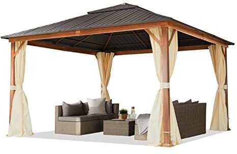 TOOLPORT Gazebo da giardino 4x4 m look legno, tetto Hardtop in acciaio, 4 teli laterali color crema