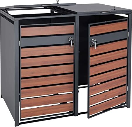 Mendler Set 2x copribidoni box spazzatura rifiuti HWC-J81 XL 98x132x117cm acciaio inox antracite ciliegio