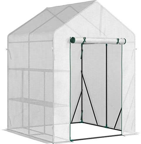 Outsunny Serra da Giardino in Acciaio e Copertura PE, Serra da Balcone per Piante con 2 Scaffali e Porta Avvolgibile, 143x143x195cm, Bianco