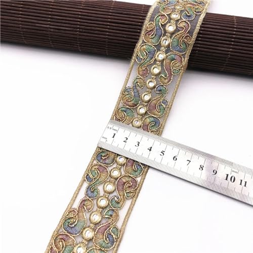 YIPCFXDJ 3,2-6 cm di larghezza fondo a rete filo dorato paillettes ricamo pizzo stile etnico fatto a mano fai da te indumento decorativo capo bocca tessuto-5 come mostrato 4.3 CM-1 iarde