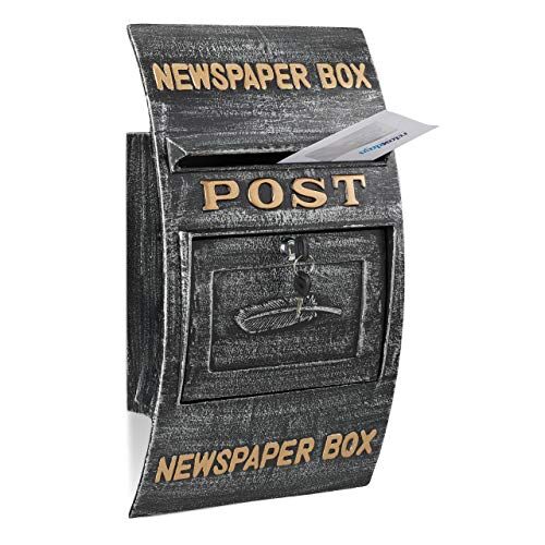 Relaxdays Cassetta delle Lettere, Design Antico con Scritta “Newspaper Box”, Ampia Casella, 49 x 29 x 9 cm, nero/argento, Set da 1
