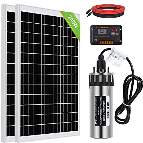 DCHOUSE , Sistema con pompa solare sommergibile da 240 W, 24 V, grande flusso di 3,2 GPM, 2 pannelli solari da 120 W + pompa per fontana sommergibile + controller da 20 A + cavo da 4,8 m per