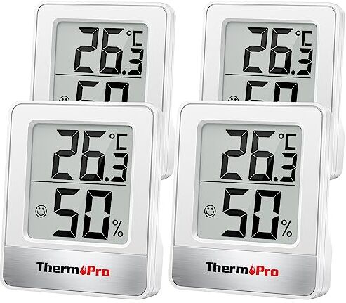 ThermoPro TP49 Termometro Ambiente Interno Igrometro Digitale Misuratore Umidità con Livello di Comfort Termoigrometro per Serra Soggiorno Bianco, 4 Pezzi