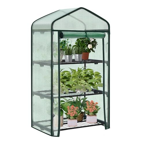 WOLTU Serra da Giardino a 3 Ripiani, Serra da Balcone con Porta Avvolgibile, Serra per Piante con Telo in PE Impermreabile, Tetto a Punta, Telaio in Metallo Verde, 69x49x125cm