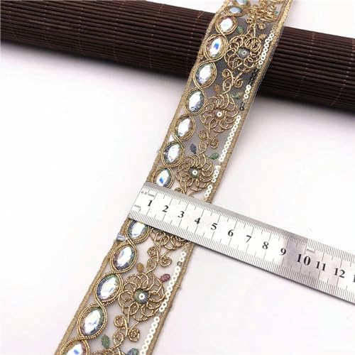 YIPCFXDJ 3,2-4,6 cm di larghezza fondo a rete filo dorato ricamo paillettes pizzo stile etnico fatto a mano fai da te indumento decorativo colletto polsino tessuto-4 come mostrato 4.2 cm-1 iarde