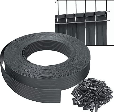 VOUNOT Strisce di Protezione in PVC per Recinzioni da Giardino e Recinzioni a Doppia Asta 75m x 4.7cm, Strisce Frangivista in PVC con 150 Clip di Fissaggio, Grigio