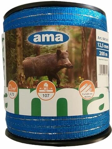 AMA Recinzione a banda blu lunga 200 m: Filo elettrico per recinto animali, Con 10 conduttori, Resistenza fino a 190 kg