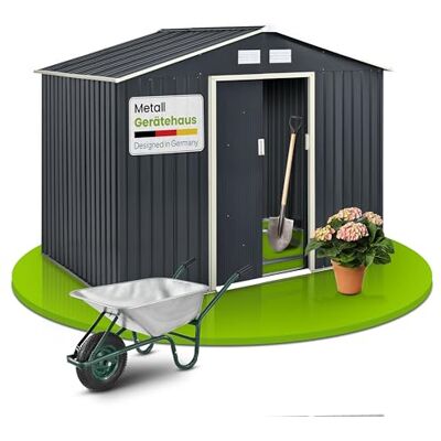 Juskys Casetta per gli attrezzi in metallo XL 9m³ con tetto a uno spiovente, porta scorrevole e fondamenta 277 × 191 × 192 cm antracite capanno per gli attrezzi Casetta da giardino Juskys Casetta per gli attrezzi in metallo XL 9m³ con tetto a uno spiovente, porta scorrevole e fondamenta 277 × 191 × 192 cm antracite capanno per gli attrezzi Casetta da giardino