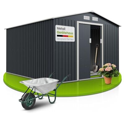 Juskys Casetta per gli attrezzi in metallo XXL 15 m³ con tetto a uno spiovente, porta scorrevole e fondamenta 277 × 319 × 192 cm antracite capanno per gli attrezzi Casetta da giardino Juskys Casetta per gli attrezzi in metallo XXL 15 m³ con tetto a uno spiovente, porta scorrevole e fondamenta 277 × 319 × 192 cm antracite capanno per gli attrezzi Casetta da giardino