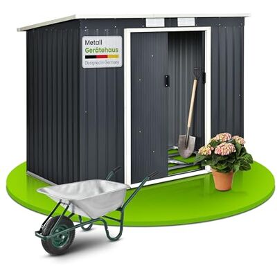 Juskys Casetta per attrezzi in metallo M 4 m³ con tetto a uno spiovente, porta scorrevole e fondamenta 213 × 130 × 173 cm antracite Capanno per attrezzi in acciaio Casetta da giardino Juskys Casetta per attrezzi in metallo M 4 m³ con tetto a uno spiovente, porta scorrevole e fondamenta 213 × 130 × 173 cm antracite Capanno per attrezzi in acciaio Casetta da giardino