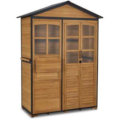 MCombo M Armadio da giardino in legno con struttura metallica, 3 ripiani, capanno impermeabile, armadio esterno per terrazza 74 x 145 x 200 cm, 0937 (Naturale) MCombo M Armadio da giardino in legno con struttura metallica, 3 ripiani, capanno impermeabile, armadio esterno per terrazza 74 x 145 x 200 cm, 0937 (Naturale)