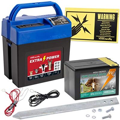 Voss Set elettrificatore Extra Power 9V per Recinzione elettrica Mobile, elettrificatore per recinzioni per pascolo, per Cavalli, Bestiame, Set Starter con Batteria Non Ricaricabile da 9V Voss Set elettrificatore Extra Power 9V per Recinzione elettrica Mobile, elettrificatore per recinzioni per pascolo, per Cavalli, Bestiame, Set Starter con Batteria Non Ricaricabile da 9V