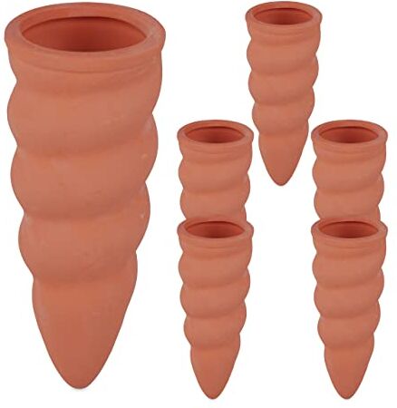 Relaxdays Set Irrigazione a Goccia, Kit da 6 Coni per Piante, Innaffiatori per Bottiglie da 1,5 L in Pet, Terracotta, Ceramica