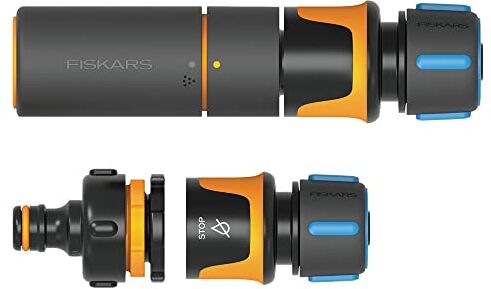 Fiskars Kit Iniziale per Lance da Irrigazione, SoftGrip, Con Lancia, Connettore per Rubinetto Multi e Connettori per Tubo, Ø 1,3-1,5 cm (1/2-5/8''), Nero/Arancione/Blu,