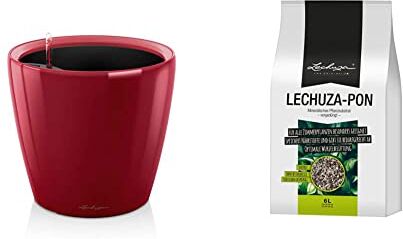 Lechuza Set Completo Classico Premium 21 Vaso Rosso Lucido & Pon, Substrato minerale e inorganico, adatto per coltura, a rilascio graduale di sostanze nutritive, confezione 6 L