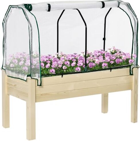 Outsunny Letto per Orto in Cassetta con Serra da Giardino, Portapiante da Esterno in Legno e PE per Fiori e Verdure, 121x55x117cm