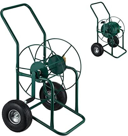 Relaxdays Carrello Avvolgitubo da Giardino, 2 Ruote, Attacco da 3 ”, per Tubi Lunghi Fino a 80 Metri, in Acciaio, Verde, 80% 20% Gomma