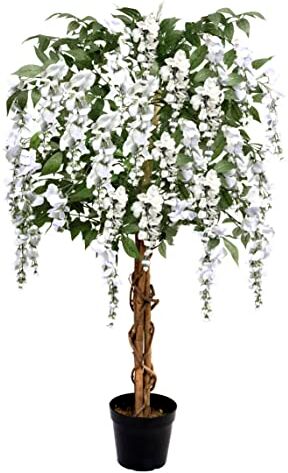 GreenBrokers Albero di Glicine Artificiale di Alta qualità, 130 cm, pianta in Vaso, Bianco 1,2 m