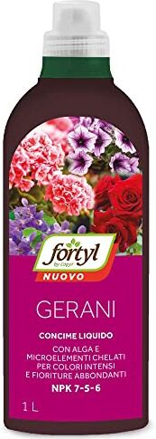 COPYR Fortyl gerani flacone da 1 lt. Concime liquido con alga e microelementi chelati per colori intensi e fioriture abbondanti. NPK 7-5-6.