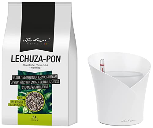 Lechuza ORCHIDEA Vaso da fiori per interni e interni, senza foro di drenaggio, con substrato per piante, in poliresina D18 H19,5 cm, colore: Bianco opaco & Substrato PON 6 LITRI NEUTRO