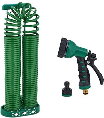 Relaxdays Set 3 Accessori per Tubo a Spirale, con Erogatore e Supporto, Estensibile Fino a 25 m, 7 Tipi di Getto, Verde, 50% plastica 30% Alluminio 20% Metallo