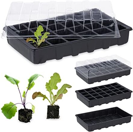 Relaxdays 3 Mini Serre, Vaschette per Germinazione con 24 Vasetti Semi, Contenitore Germogliatore con Coperchio, Nero