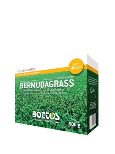 Bottos BERMUDAGRASS, Sementi di Gramigna migliorata, Alta qualità, Rapida colonizzazione, Tolleranza caldo e siccità, Per prati resistenti, Giardini e parchi, 500gr (40mq)