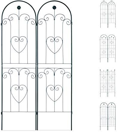 Relaxdays Set 2 Grigliati per Rampicanti, in Metallo 180x50cm Design ad Archi Fiori e Cuori, ad Incastro, Verde Scuro