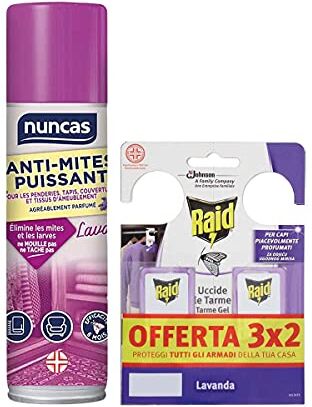 Nuncas ANTITARME Forte Spray 250 ML più 6 Pezzi Raid TARME Gel Lavanda